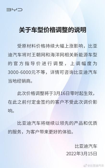 比亞迪官宣部分車型漲價 最高漲幅6000元