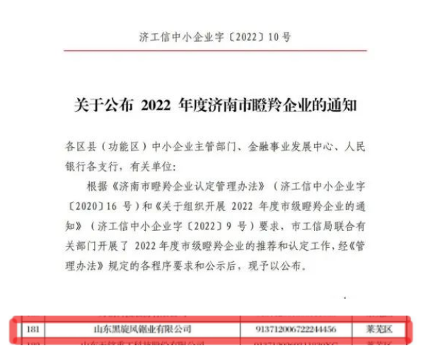 山東黑旋風鋸業有限公司入選2022年度濟南市“瞪羚企業”