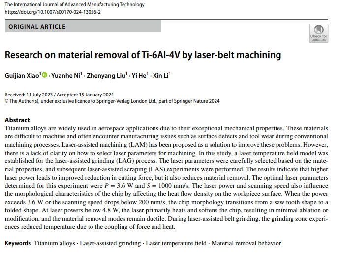 激光砂帶加工Ti-6Al-4V材料去除行為的研究