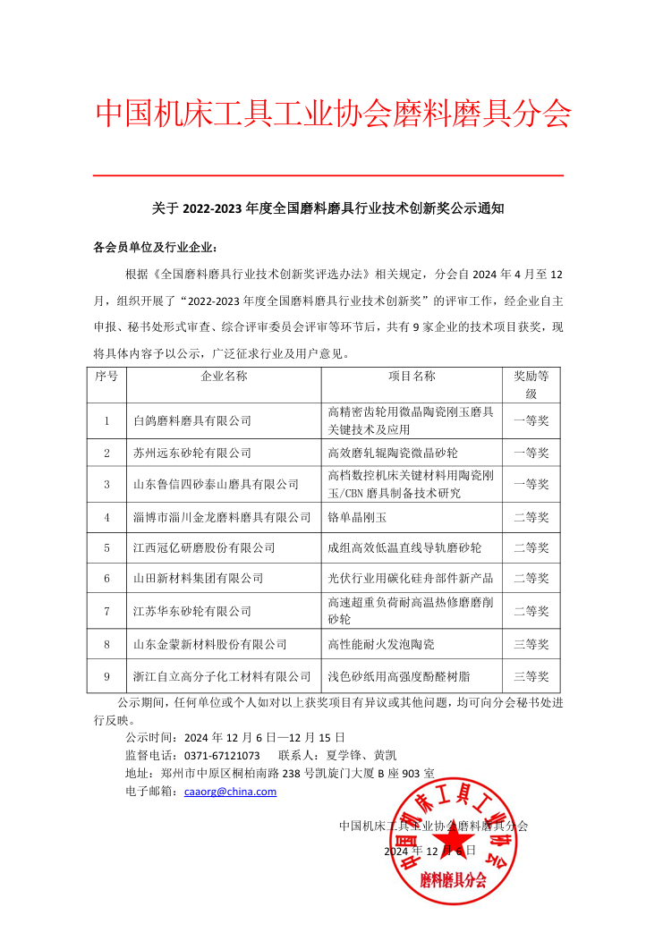 關于 2022-2023 年度全國磨料磨具行業技術創新獎公示通知